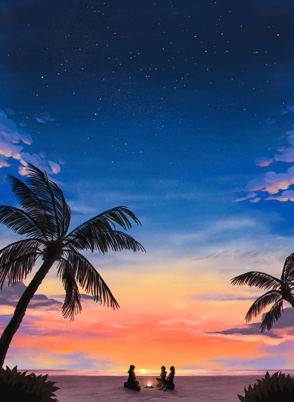 3boys, beach, campfire, clouds, fujiwara_yuusuke, full_body, highres, long_hair