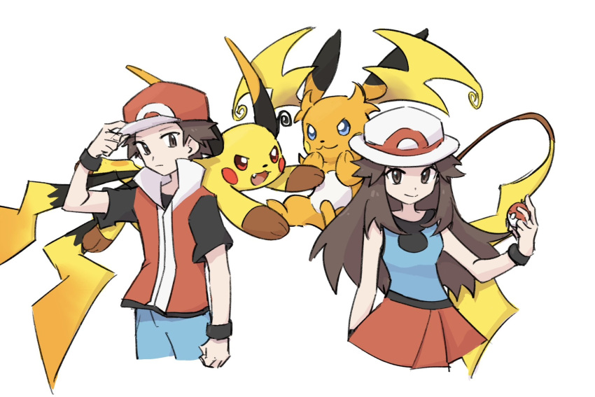 1boy, 1girl, brown_eyes, brown_hair, closed_mouth, hair_flaps, hat, highres, holding, holding_poke_ball, leaf_(pokemon), long_hair, mega_raichu_x, mega_raichu_y, pants, poke_ball, poke_ball_(basic), pokemon, pokemon_(creature), pokemon_frlg, pokemon_legends:_z-a, raichu, red_(pokemon), red_hat, red_skirt, red_vest, shirt, short_hair, short_sleeves, simple_background, skirt, sleeveless, sleeveless_shirt, smile, vest, white_background, white_hat, wristband, xlii_idk