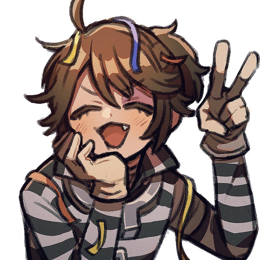 1boy, :3, amedama094, brown_hair, bruise, bruised_eye, confetti, fang