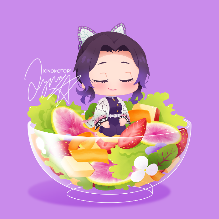 1girl, black_hair, blush, buttons, closed_eyes, commentary, dragon_fruit_slice, eyelashes, food, food_focus, fruit, kimetsu_no_yaiba, kinokorin, kochou_shinobu, lettuce, no_nose, orange_(fruit), orange_slice, salad, short_hair, signature, smile, solo, symbol-only_commentary