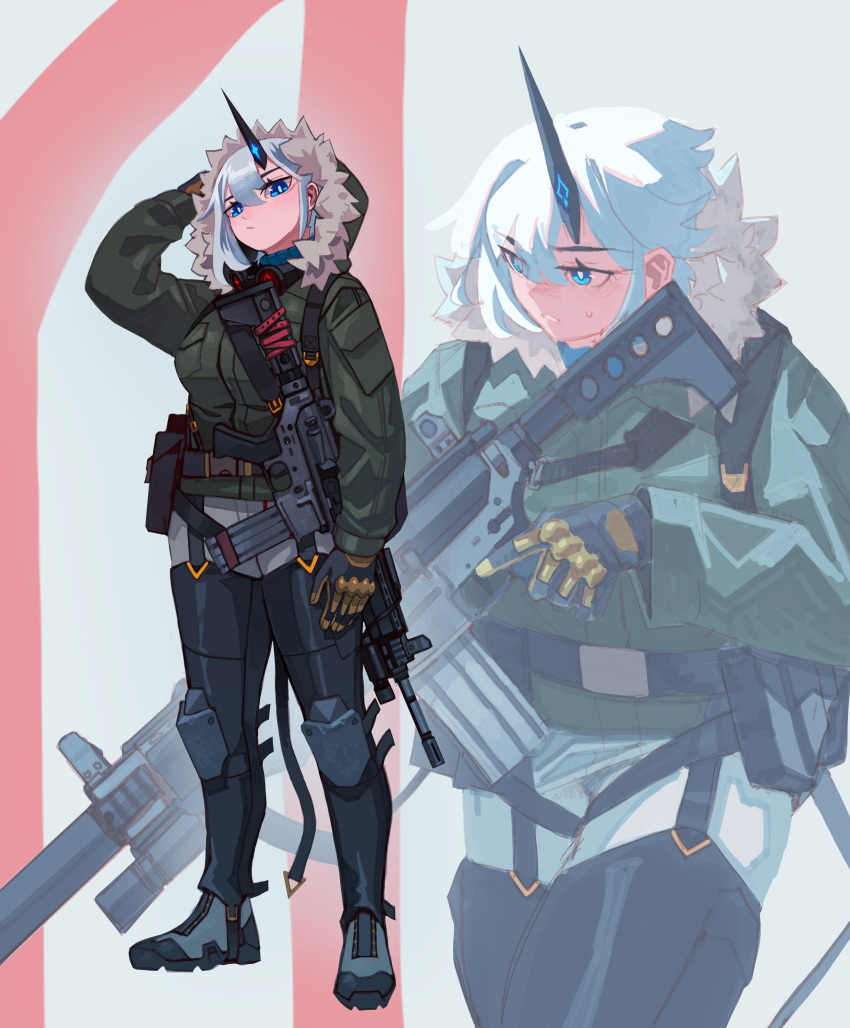 1girl, absurdres, arm_up, assault_rifle, bendit, black_gloves, black_pants, blue_eyes, closed_mouth, full_body, fur-trimmed_jacket, fur_trim, gloves, green_jacket, gun, highres, holding, holding_gun, holding_weapon, hood, hooded_jacket, horns, jacket, knee_pads, looking_at_viewer, original, pants, parted_lips, rifle, simple_background, single_horn, solo, standing, trigger_discipline, two-tone_gloves, weapon, white_hair, yellow_gloves