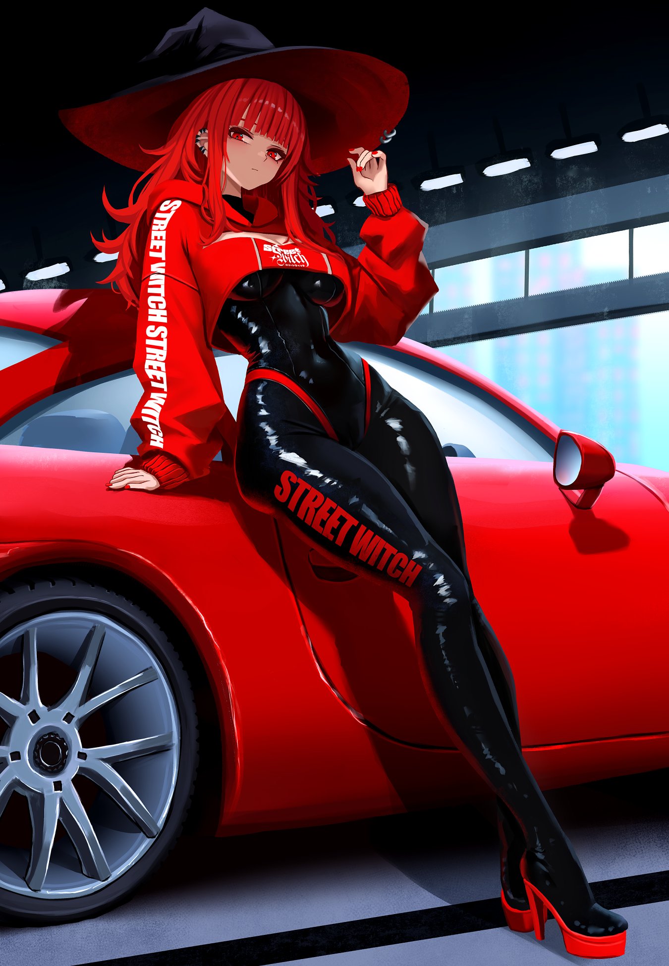1girl, black_bodysuit, bodysuit, boots, breasts, cropped_sweater, ear_piercing, hat