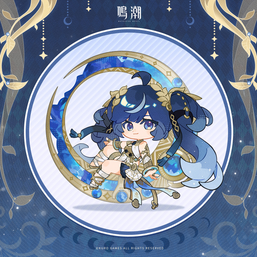 1girl, ahoge, ancient_greek_clothes, bare_shoulders, black_skirt, blue_eyes, blue_hair, chibi
