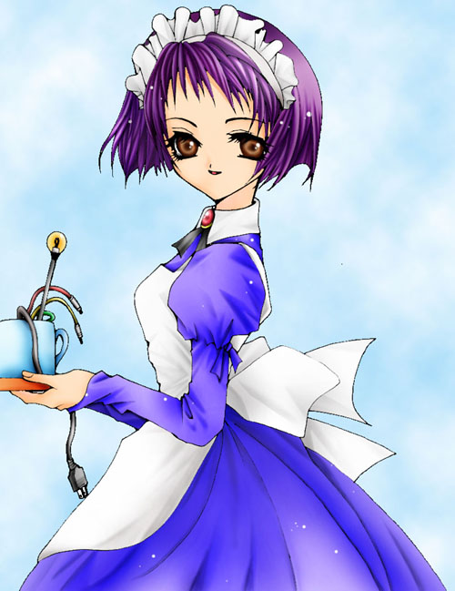 1girl, apron, audio_jack, bad_id, blue_dress, brooch, brown_eyes, cable