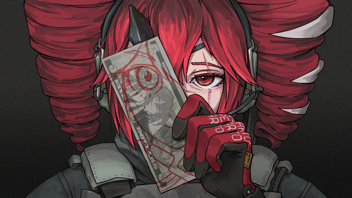 1girl, black_background, black_gloves, commentary, cosplay, drill_hair, ear_protection, english_commentary, gloves, gradient_background, hatsune_miku, holding, holding_money, horns, kasane_teto, kasane_teto_(sv), looking_at_viewer, metal_gear_(series), metal_gear_solid_v:_the_phantom_pain, money, multicolored_hair, red_eyes, red_gloves, red_hair, scar, scar_across_eye, scar_on_face, simple_background, single_horn, solo, synthesizer_v, tactical_clothes, two-tone_gloves, two-tone_hair, twofacedoff, venom_snake, venom_snake_(cosplay), vocaloid