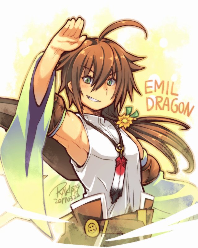 1boy, ahoge, arm_up, artist_name, belt, bow_flower, brown_belt, brown_hair, character_name, dated, detached_sleeves, dragon_wings, emil_chronicle_online, emil_dragon, feather_necklace, green_sleeves, jewelry, long_hair, looking_at_viewer, necklace, ponytail, rakisuke, shirt, signature, sleeveless, sleeveless_shirt, white_shirt, wings