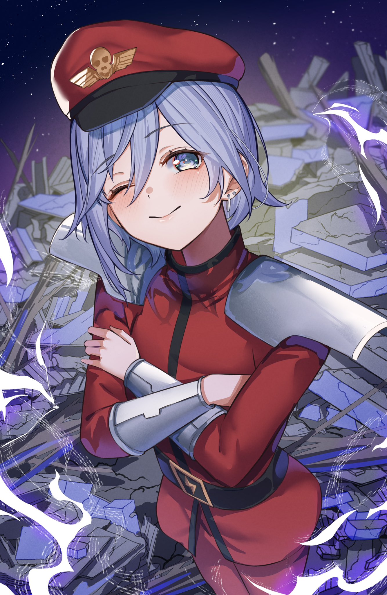 1girl, armor, beret, blue_eyes, blue_hair, commentary, cosplay, crossed_arms