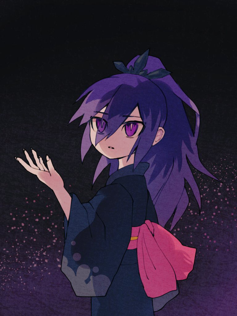 1girl, black_kimono, hyakkihime, japanese_clothes, kimono, long_hair, looking_at_viewer, purple_hair