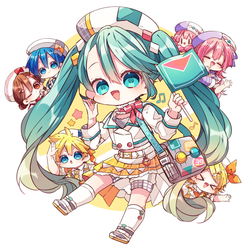 >_<, 2boys, 4girls, :d, :o, ;o, aqua_hair, bag