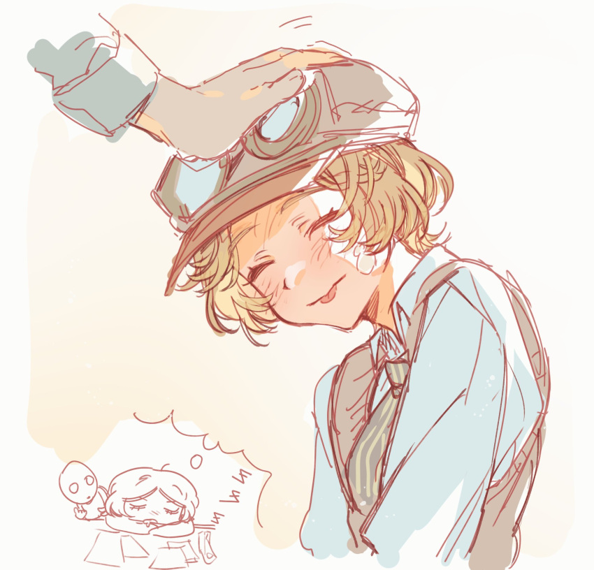 1girl, 1other, :p, blonde_hair, chibi, closed_eyes, gardenof, goggles