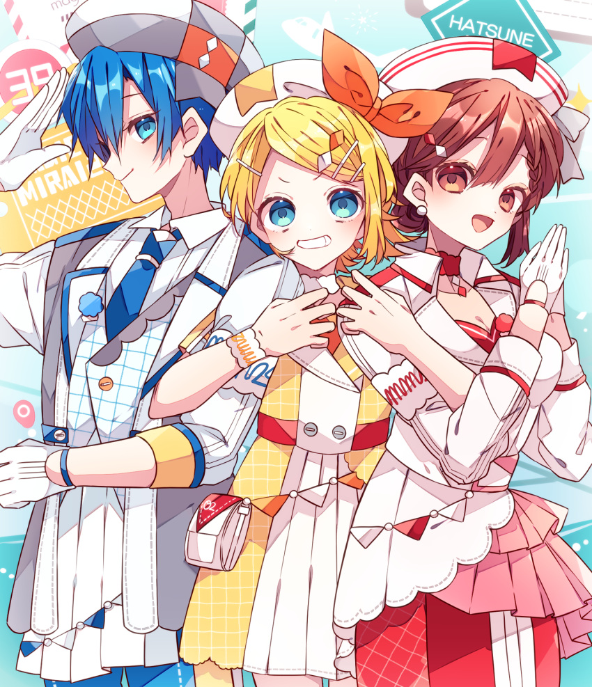 1boy, 2girls, :d, blonde_hair, blue_hair, blue_necktie, blue_pants, brown_hair