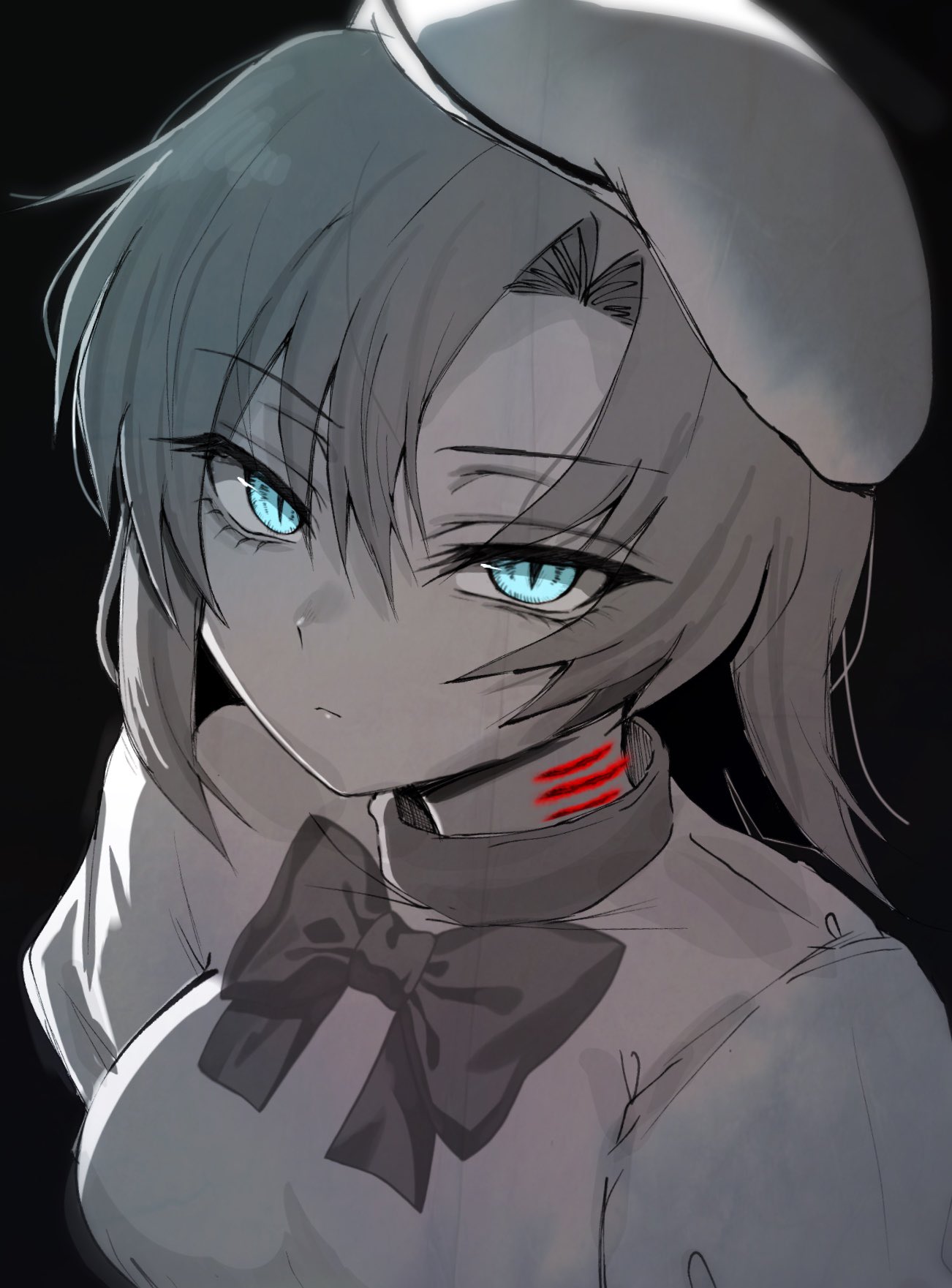 1girl, beret, black_background, blue_eyes, bow, bowtie, breasts, closed_mouth, dress, frown, greyscale, hat, highres, higurashi_no_naku_koro_ni, injury, looking_at_viewer, medium_breasts, monochrome, parted_bangs, ryuuguu_rena, scar_on_knee, short_hair, sidelocks, simple_background, slit_pupils, solo, spot_color, upper_body, yuno_ff