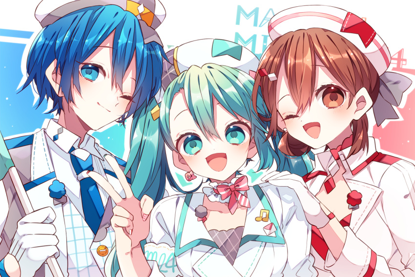 1girl, 2girls, :d, ;), ;d, blue_eyes, blue_hair, blue_necktie