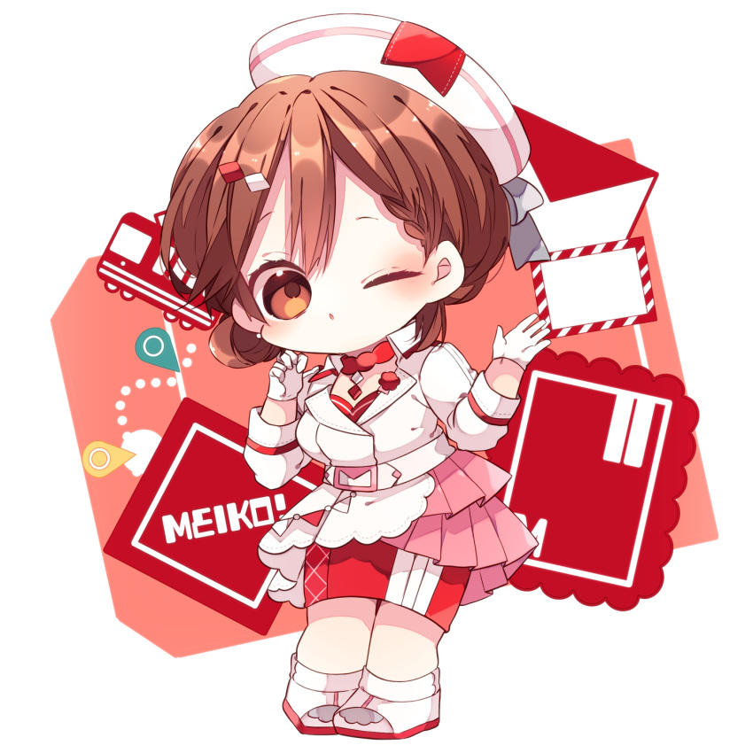 1girl, ;o, brown_eyes, brown_hair, character_name, commentary_request, double-parted_bangs, full_body, gloves, hat, highres, kaho_0102, long_sleeves, looking_at_viewer, magical_mirai_(vocaloid), magical_mirai_meiko, magical_mirai_meiko_(2024), meiko_(vocaloid), one_eye_closed, open_mouth, red_skirt, shirt, shoes, short_hair, skirt, solo, standing, vocaloid, white_gloves, white_hat, white_shirt, white_shoes