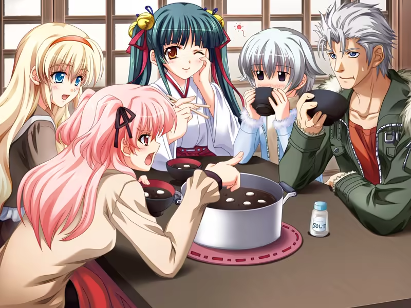 4girls, amber_quartz, blonde_hair, food, game_cg, hairband, himeji_sarina, japanese_clothes