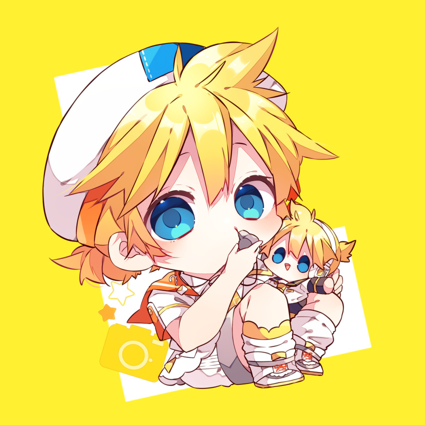 2boys, :d, blonde_hair, blue_eyes, chibi, chibi_only, commentary_request, double-parted_bangs