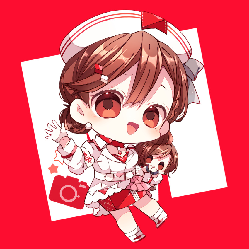 1girl, :d, brown_hair, camera, chibi, chibi_only, commentary_request, double-parted_bangs