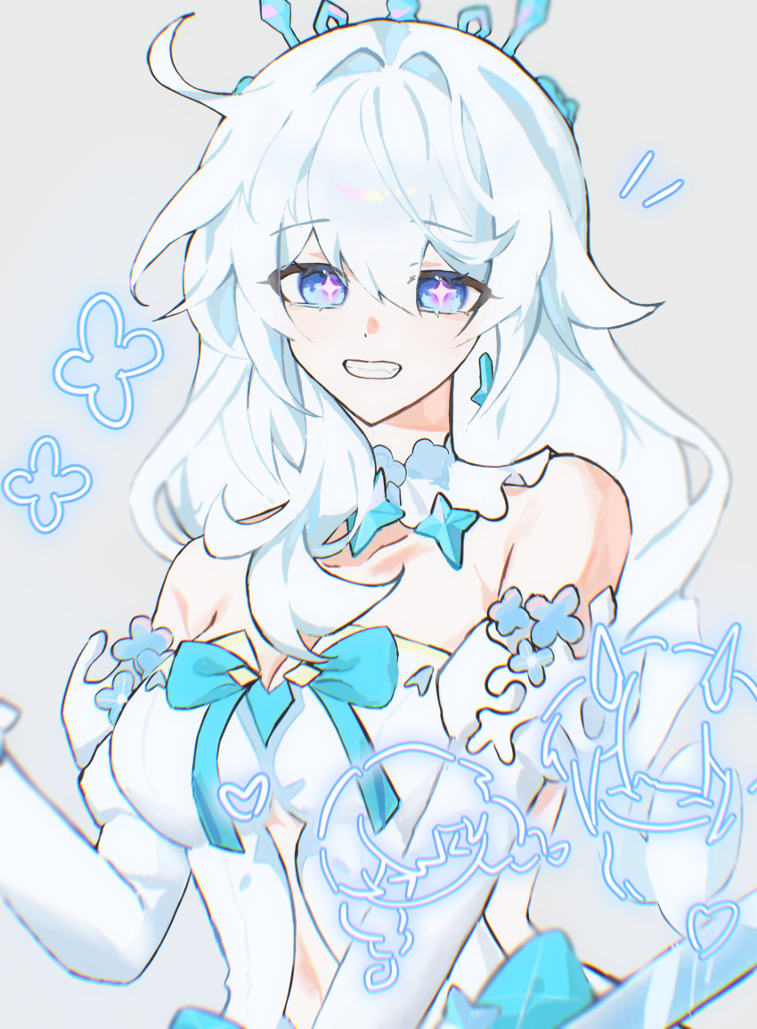 1girl, absurdres, ahoge, bare_shoulders, blue_ribbon, blue_tiara, breasts, detached_sleeves