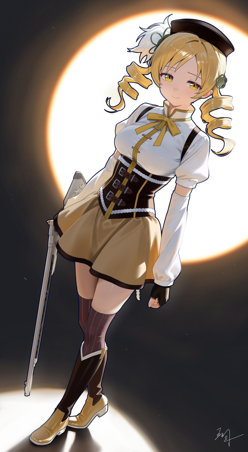 1girl, absurdres, black_gloves, black_thighhighs, blonde_hair, boots, breasts, corset