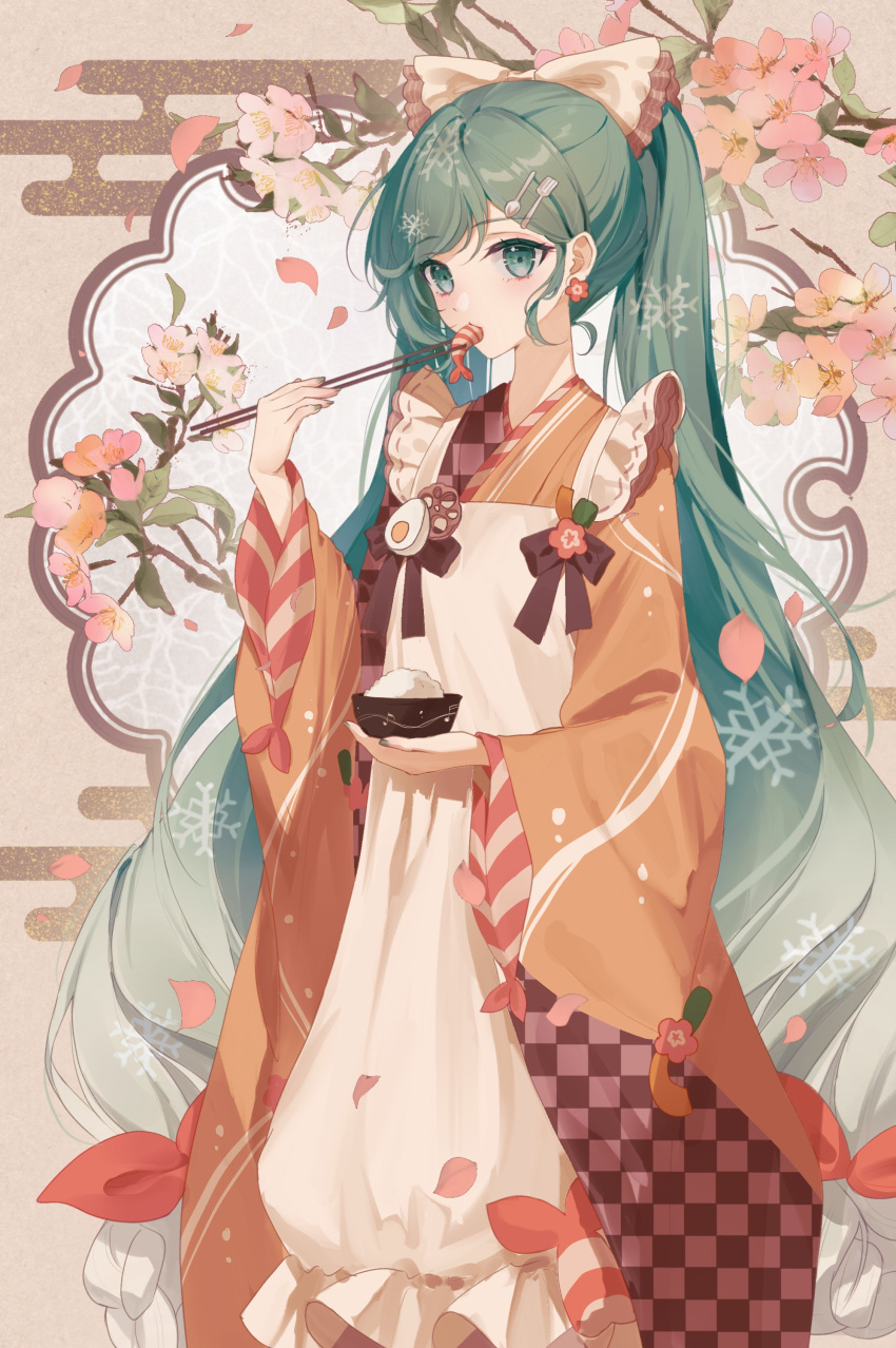 1girl, absurdres, apron, blush, bow, bowl, brown_kimono, cherry_blossoms
