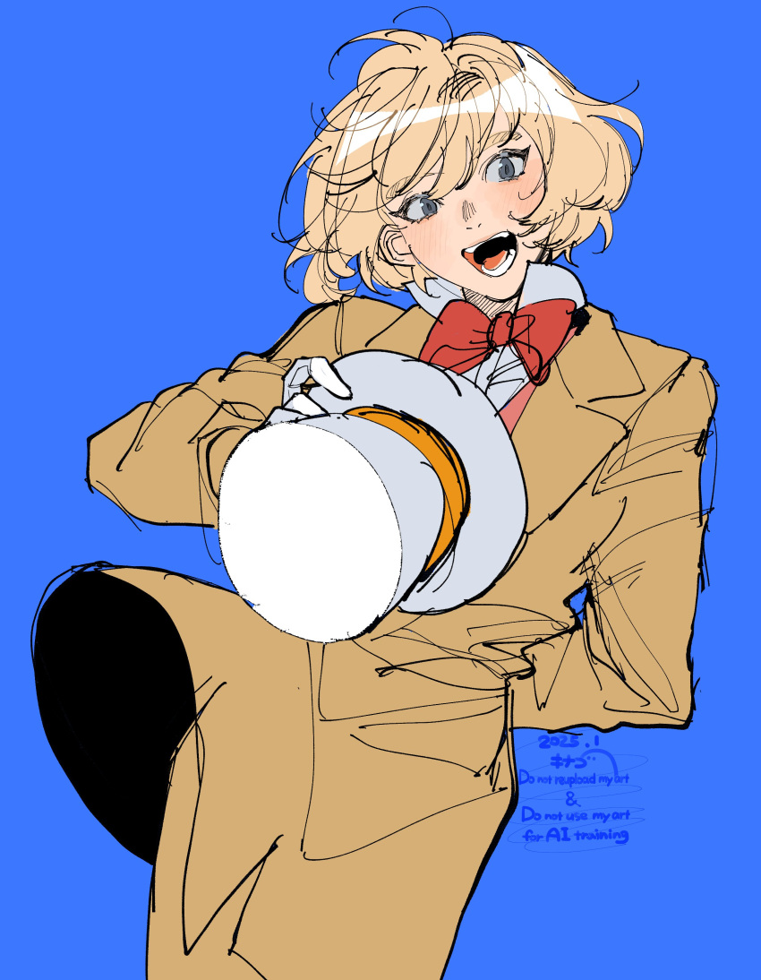 1boy, absurdres, arm_behind_back, blonde_hair, blue_background, blush, bow, bowtie