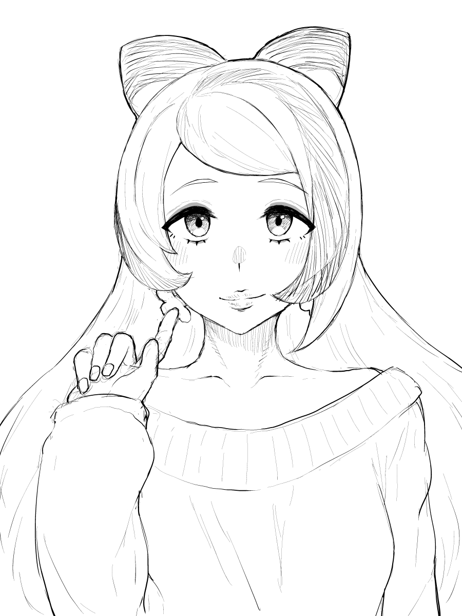 1girl, closed_mouth, collarbone, commentary_request, earrings, eyelashes, gorgonzola_(paradisegom), greyscale, hand_up, highres, jewelry, long_hair, long_sleeves, looking_at_viewer, miriam_(pokemon), monochrome, off-shoulder_sweater, off_shoulder, pokemon, pokemon_sv, simple_background, smile, solo, sweater, upper_body