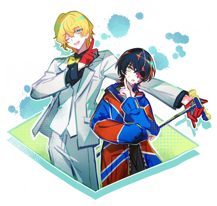 1boy, 1girl, black_hair, black_shirt, bow, bowtie, cane, commentary_request