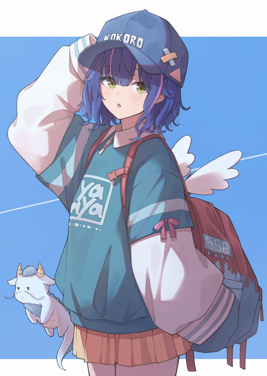 1girl, :o, absurdres, alternate_costume, amamiya_kokoro, backpack, bag, baseball_cap, blue_background, blue_hat, blue_shirt, commentary_request, contrail, cowboy_shot, ene_mizunoawa, green_eyes, hand_on_own_head, hat, highres, jacket, layered_clothes, legs_together, letterboxed, long_sleeves, looking_at_viewer, medium_hair, mini_wings, miniskirt, multicolored_hair, neko_(amamiya_kokoro), nijisanji, open_mouth, orange_shirt, pink_hair, pleated_skirt, print_shirt, shirt, sidelocks, simple_background, skirt, sleeves_past_fingers, sleeves_past_wrists, solo, streaked_hair, virtual_youtuber, white_jacket, white_wings, wings