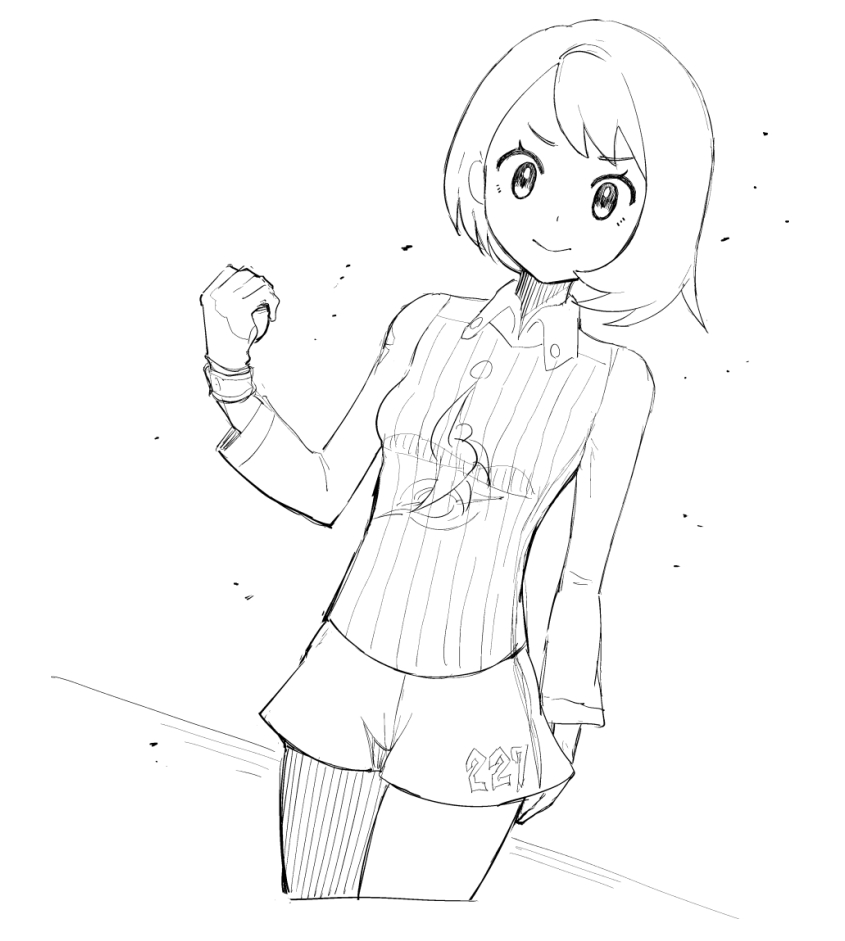 1girl, closed_mouth, collared_shirt, commentary_request, cowboy_shot, dynamax_band, eyelashes, gloria_(pokemon)