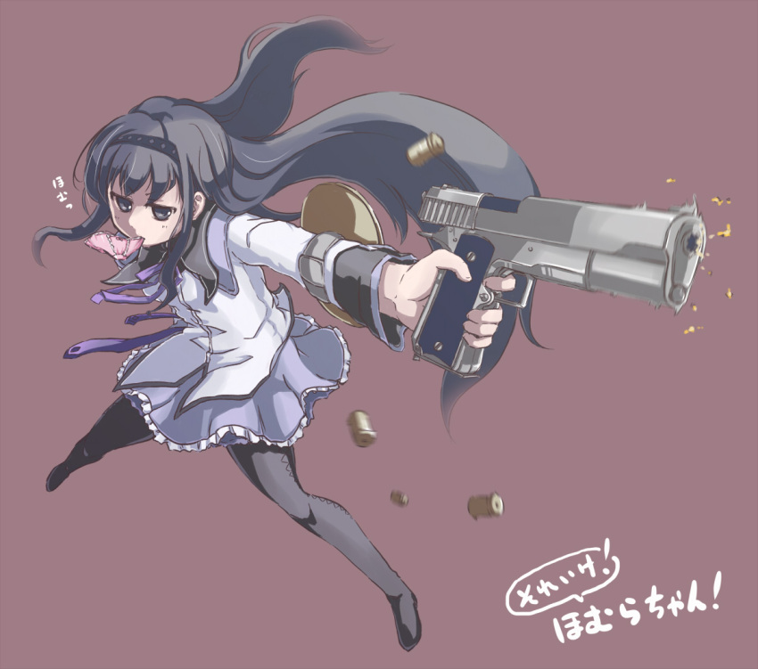 akemi_homura, black_eyes, black_hair, es_(eisis), gun, hairband, handgun, homu