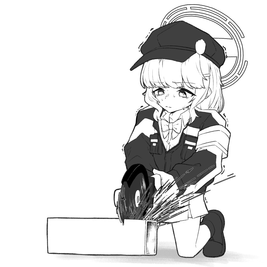 1girl, 743_(743rd_bat), aoba_(blue_archive), armband, blue_archive, bow, bowtie, circular_saw, closed_mouth, cutting, full_body, glint, greyscale, halo, hat, highres, holding, holding_saw, jacket, kneeling, long_hair, looking_at_viewer, monochrome, saw, skirt, solo