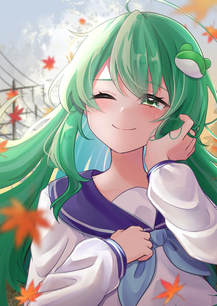 1girl, ahoge, alternate_costume, autumn, autumn_leaves, blue_neckerchief, blue_sailor_collar, blush