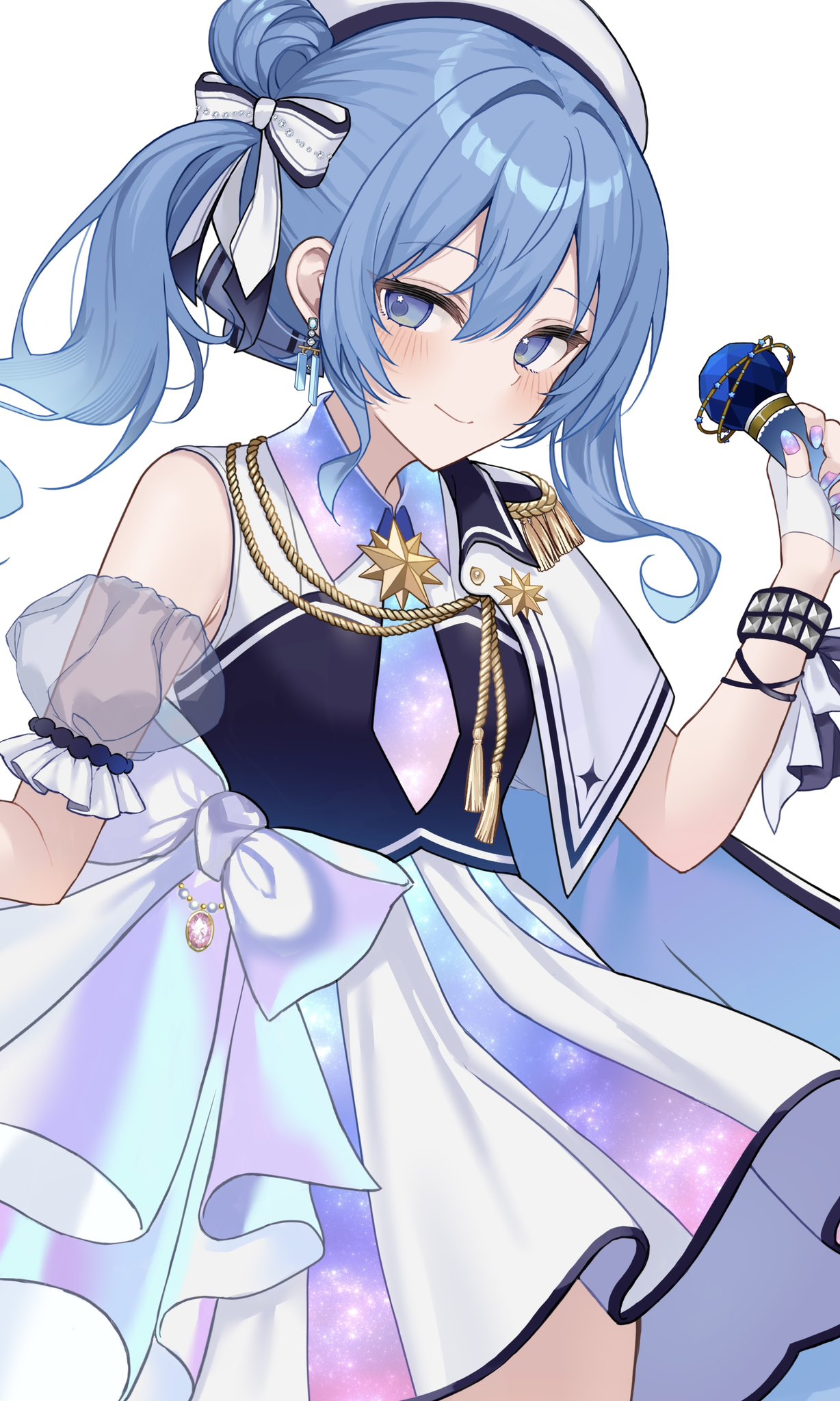 1girl, asymmetrical_sidelocks, beret, blue_eyes, blue_hair, bow, closed_mouth, collared_dress