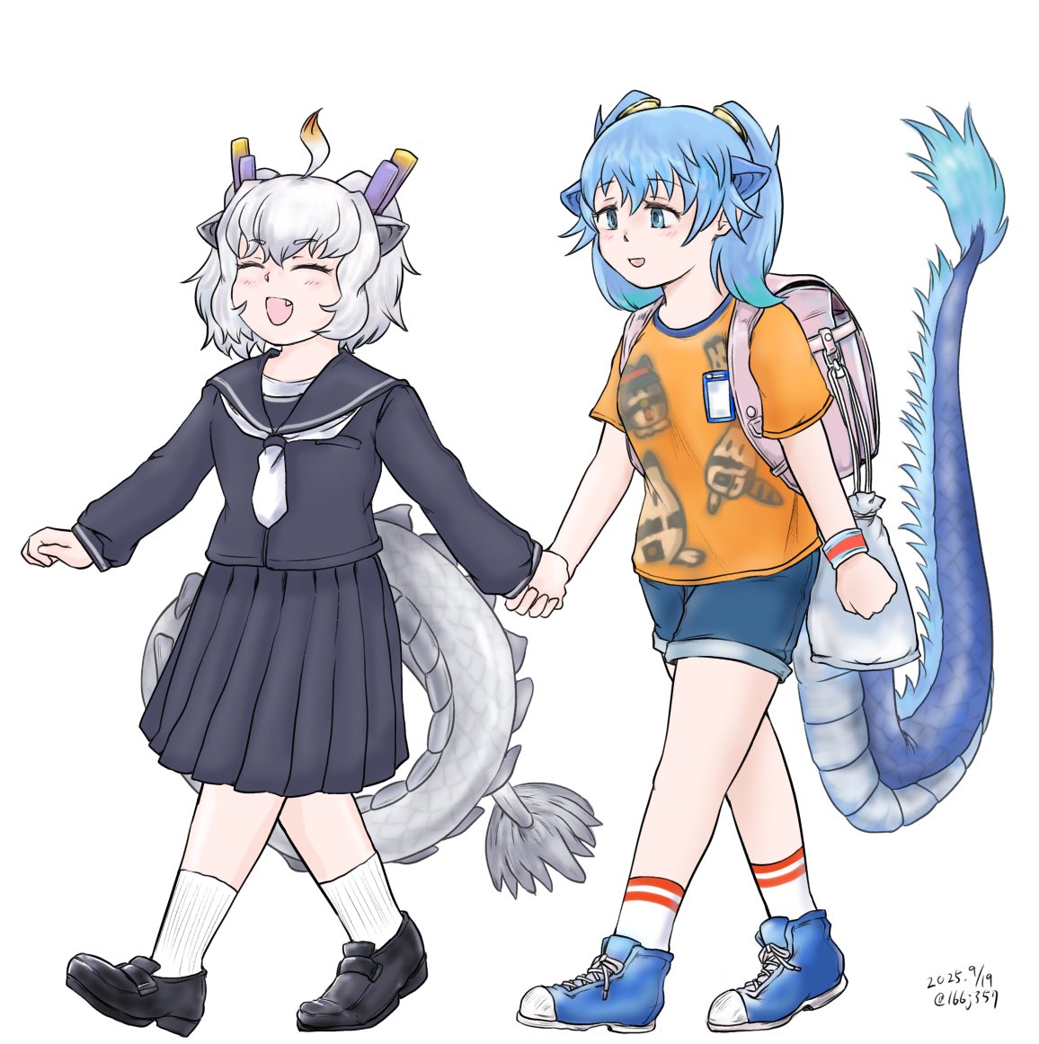2girls, alternate_costume, alternate_hairstyle, backpack, bag, black_shirt, black_shoes, black_skirt