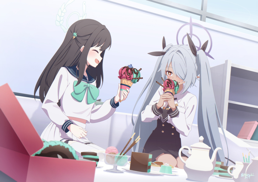 +_+, 2girls, airi_(blue_archive), black_skirt, blue_archive, blue_sailor_collar, blush, bow