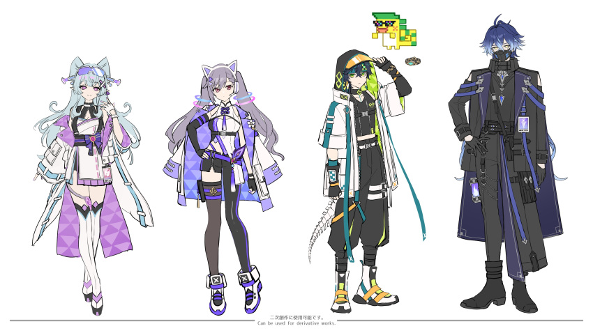 2boys, 2girls, absurdres, ajaw_(genshin_impact), alternate_costume, amaichi_esora, animal_ear_headphones, animal_ears