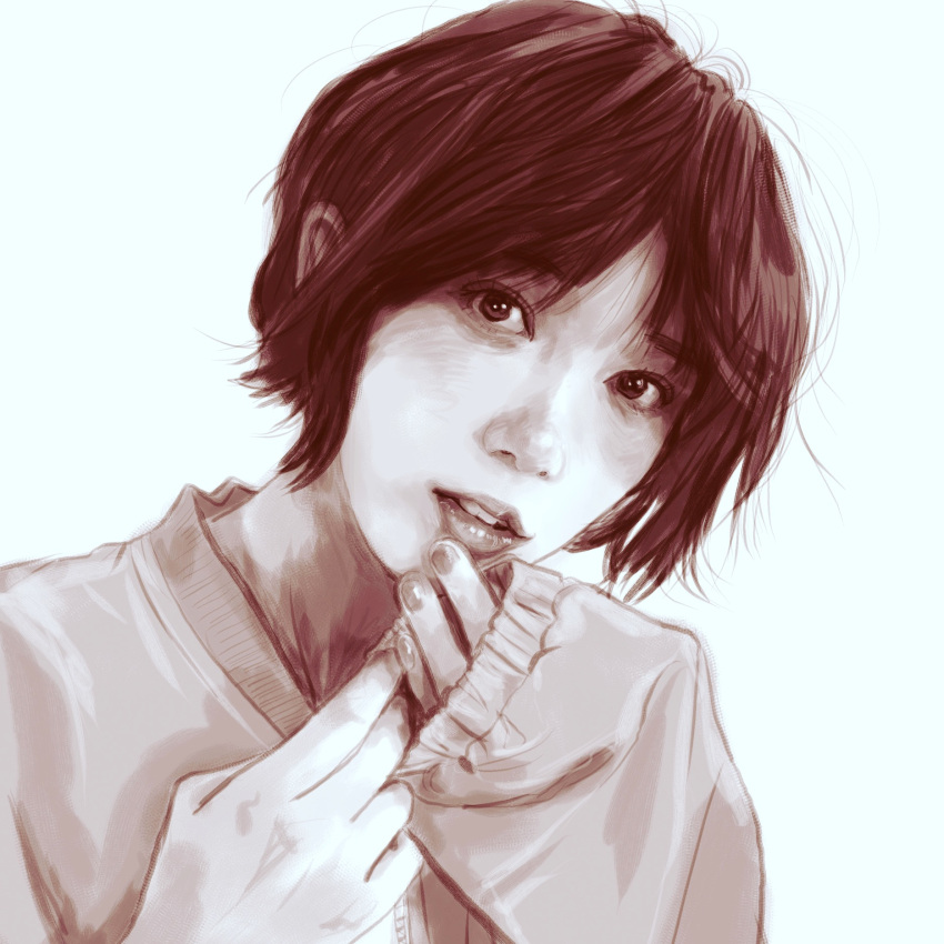 1girl, actress, brown_theme, hand_up, highres, honda_tsubasa, looking_at_viewer, parted_lips