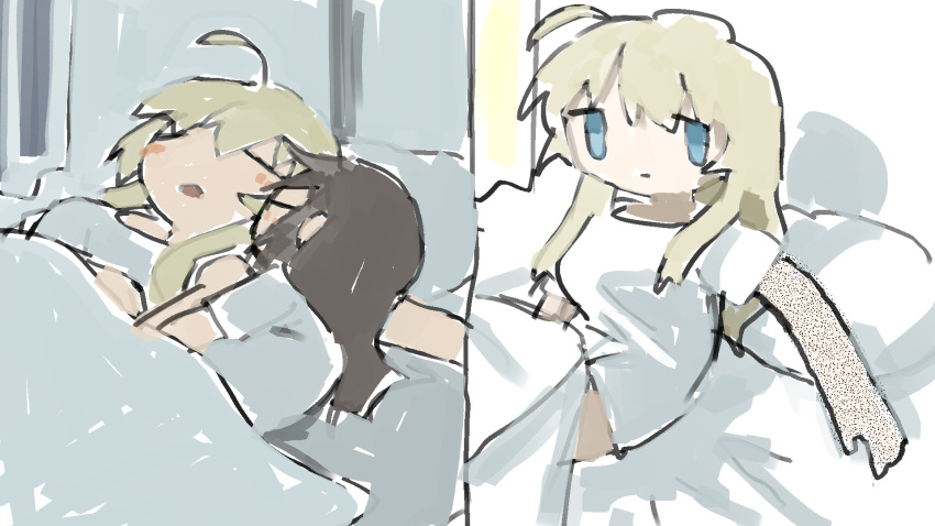 2girls, ahoge, blonde_hair, blue_eyes, blush, brown_hair, chito_(shoujo_shuumatsu_ryokou), closed_mouth