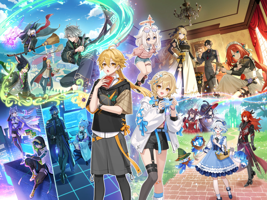 6+boys, 6+girls, absurdres, aether_(genshin_impact), ajaw_(genshin_impact), alhaitham_(genshin_impact), alternate_costume, alternate_hairstyle, amaichi_esora, animal_ear_headphones, animal_ears, apron, basket, black_hair, black_hoodie, black_mask, black_pants, black_robe, black_shirt, black_umbrella, blonde_hair, blue_dress, blue_eyes, book, braid, broom, broom_riding, cellphone, crown, cyno_(genshin_impact), diluc_(genshin_impact), diluc_(parallels_meet)_(genshin_impact), dress, enmaided, eyewear_on_head, fake_animal_ears, flins_(genshin_impact), flins_(parallels_meet)_(genshin_impact), flower, fox_boy, fox_ears, furina_(genshin_impact), genshin_impact, gentilhomme_usher, glasses, grin, gun, hair_flower, hair_ornament, halo, hat, headphones, headset, highres, holding, holding_basket, holding_book, holding_broom, holding_gun, holding_phone, holding_quill, holding_staff, holding_weapon, holographic_interface, hood, hoodie, hoyofair, hu_tao_(genshin_impact), jacket, kaveh_(genshin_impact), keqing_(genshin_impact), kinich_(genshin_impact), kinich_(parallels_meet)_(genshin_impact), long_hair, looking_at_viewer, lumine_(genshin_impact), mademoiselle_crabaletta, mage_staff, magic, maid, maid_apron, maid_headdress, mona_(genshin_impact), multiple_boys, multiple_girls, navia_(genshin_impact), nilou_(genshin_impact), official_art, open_mouth, paimon_(genshin_impact), pants, phone, ponytail, quill, red_dress, red_hair, revolver, robe, shirt, short_hair, short_hair_with_long_locks, smartphone, smile, staff, surintendante_chevalmarin, textless_version, tighnari_(genshin_impact), twin_braids, twintails, umbrella, very_long_hair, watch, watch, weapon, white_jacket, white_shirt, witch_hat, wriothesley_(genshin_impact), x_hair_ornament, yellow_eyes, yumemizuki_mizuki, yumemizuki_mizuki_(parallels_meet)