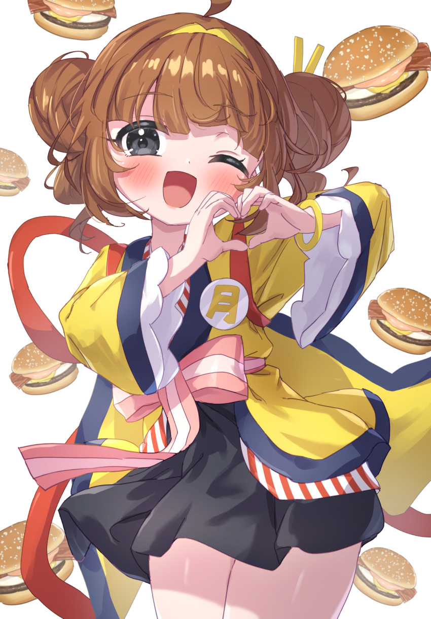 1girl, ;d, absurdres, ahoge, black_skirt, blush, brown_hair, burger, commentary_request, double_bun, food, french_fries, grey_eyes, hair_bun, hairband, heart, heart_hands, highres, imadake_tsukimi_tabemi, japanese_clothes, kimono, long_sleeves, looking_at_viewer, masaki_(msk064), mcdonald's, one_eye_closed, pleated_skirt, simple_background, skirt, smile, solo, white_background, wide_sleeves, yellow_hairband, yellow_kimono