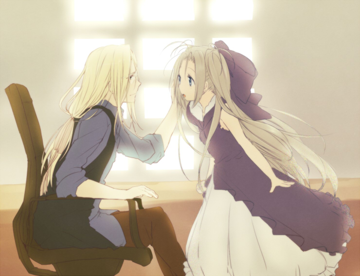 1boy, 1girl, :o, blue_eyes, chair, hand_on_another's_cheek, hand_on_another's_face, hooded_dress