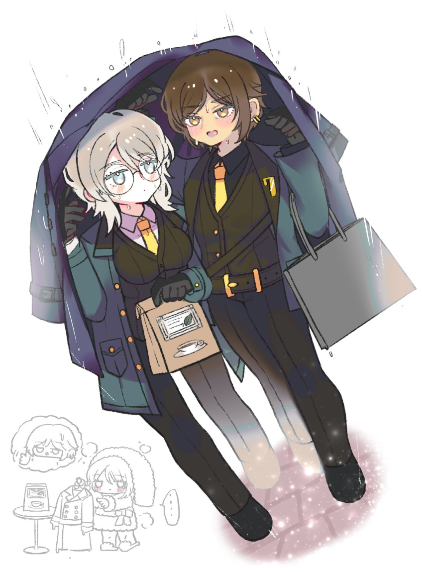 2girls, bag, black_gloves, black_pants, black_shirt, blue_eyes, breasts, brown_hair, brown_vest, chibi, chibi_inset, closed_mouth, collared_shirt, dark-skinned_female, dark_skin, faust_(project_moon), full_body, glasses, gloves, green_jacket, highres, holding, holding_bag, jacket, large_breasts, limbus_company, long_sleeves, looking_at_another, multiple_girls, necktie, njaja_kanja, outis_(project_moon), pants, project_moon, rain, round_eyewear, seven_association_south_uniform, shirt, short_hair, simple_background, standing, vest, white_background, white_hair, white_shirt, yellow_eyes, yellow_necktie