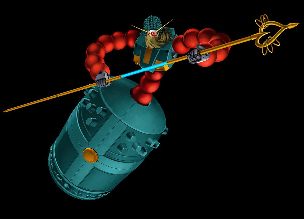 bell, black_background, funbolt, g_gundam, glowing, glowing_eyes, gundam, holding