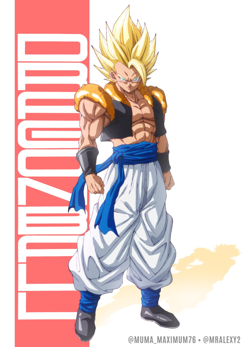 1boy, abs, black_vest, blonde_hair, blue_sash, colorized, cropped_vest, dragon_ball