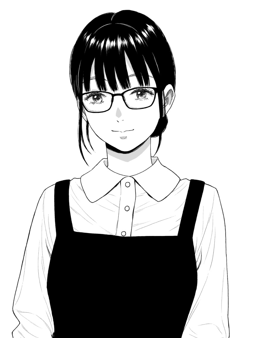 1girl, apron, black_hair, glasses, greyscale, highres, light_smile, mitsuhashitohru_pxv
