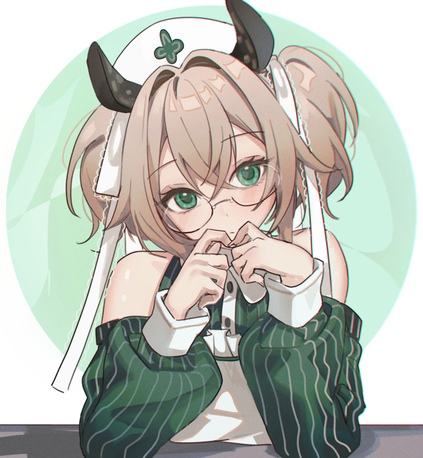 1girl, adapted_costume, animal_ears, brown_hair, clothing_cutout, elbows_on_table, glasses, green_eyes