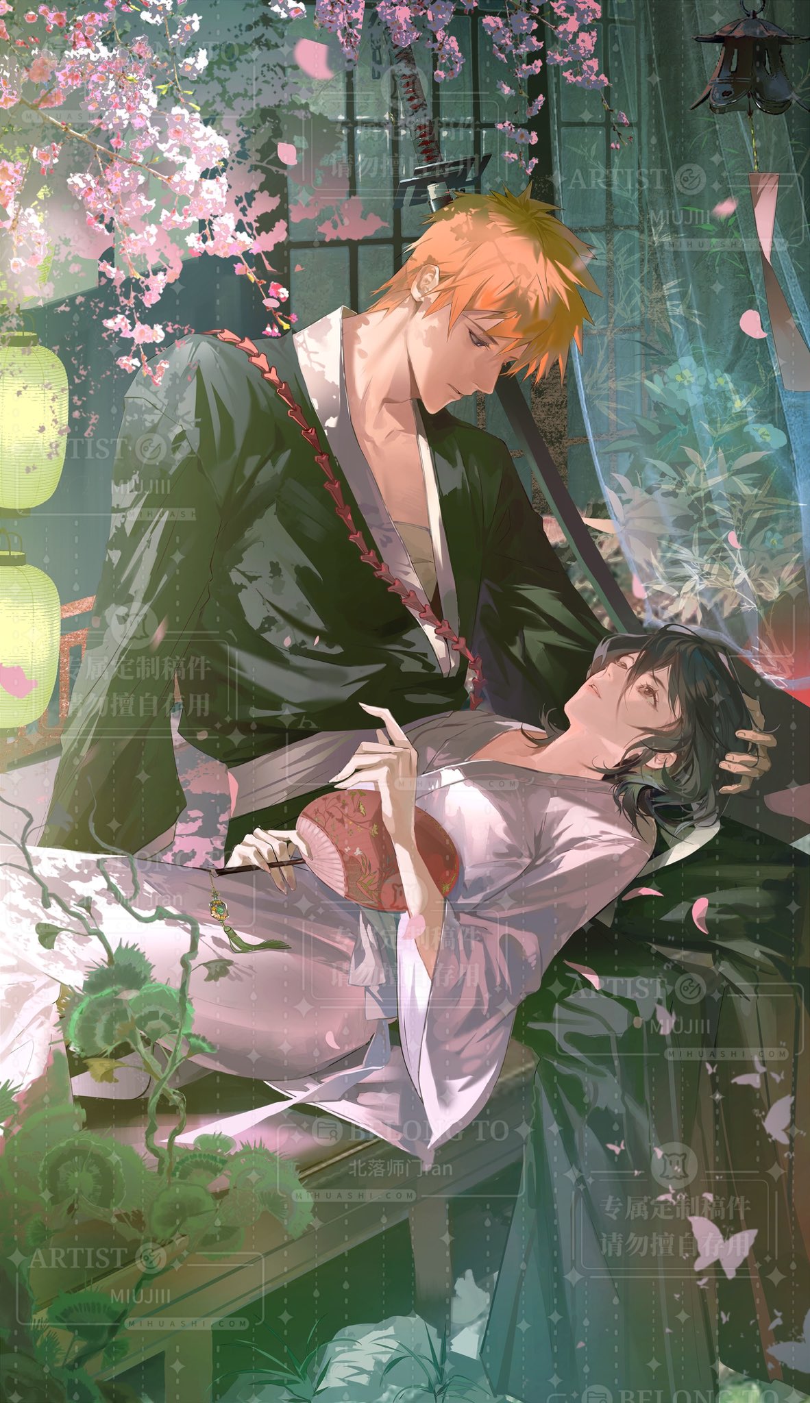 1boy, 1girl, artist_name, black_hair, black_kimono, bleach, bug, butterfly, cherry_blossoms, commentary, english_commentary, eye_contact, falling_petals, hair_between_eyes, hand_fan, hand_on_another's_head, highres, holding, holding_fan, japanese_clothes, jishikou, kimono, kuchiki_rukia, kurosaki_ichigo, lap_pillow, looking_at_another, orange_hair, petals, short_hair, sword, weapon, white_kimono