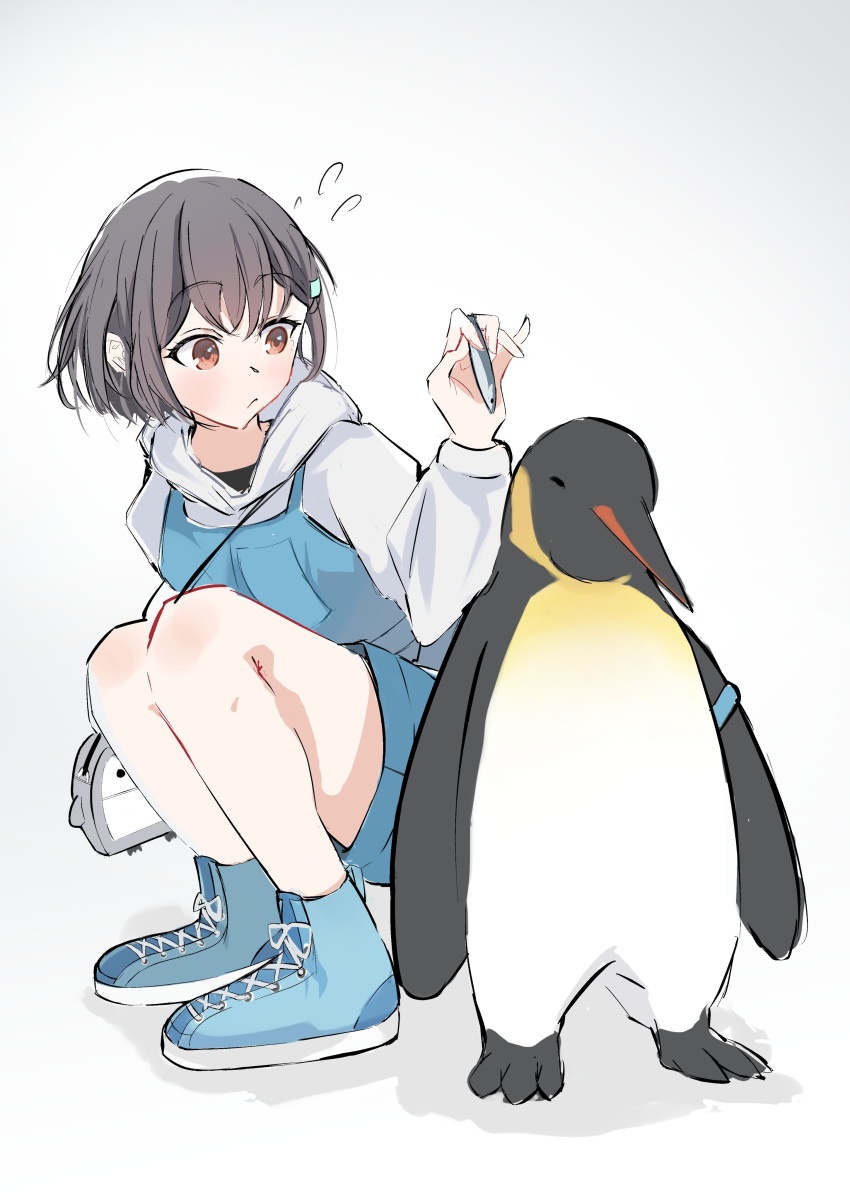 1girl, absurdres, bang_dream!, bang_dream!_it's_mygo!!!!!, bird, blue_overalls, blue_shoes, brown_eyes