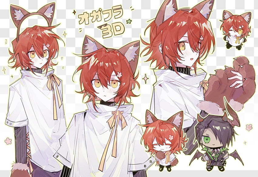 2boys, :<, :3, animal_ear_hairband, animal_ears, animal_hands, aragami_oga, black_hair