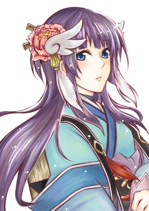 backpack, bag, bangs, black_hair, blue_eyes, blunt_bangs, blush, box, flower, hair_flower, hair_ornament, head_wings, japanese_clothes, kimono, long_hair, purple_hair, rune_factory, rune_factory_2, rune_factory_3, simple_background, solo, white, white_background, yue_(rune_factory)